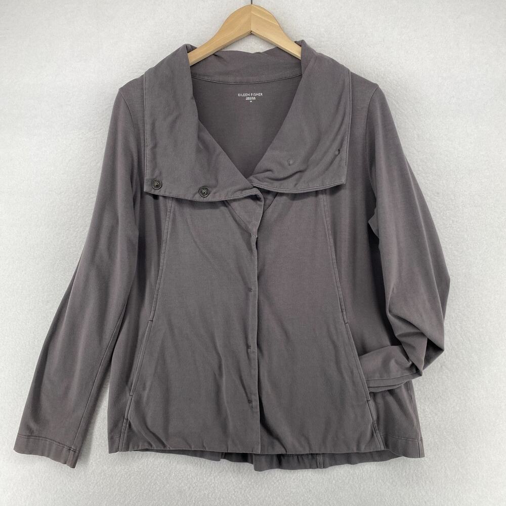 EILEEN FISHER Jacket M Stretch Organic Cotton High Collar Snap Button Gray USA